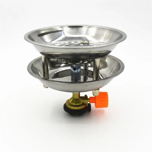 Cocina de gas para cartucho de acero inoxidable 135 x 120 mm con rueda de regulación de plástico y cuenco doble peso 320 g para camping