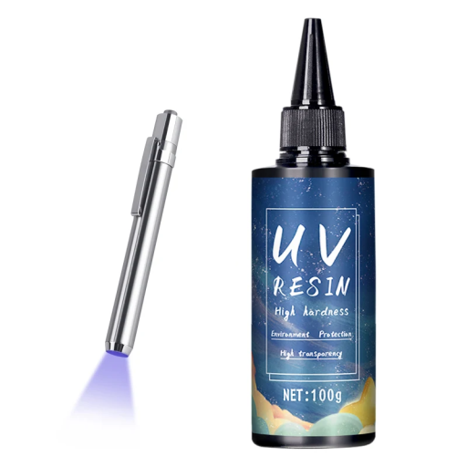 Cola de resina UV de secagem rápida Líquido transparente para joias DIY Resina de alta dureza Mini lâmpada LED UV Lanterna roxa