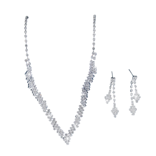 Colar 32+14,5 cm Brincos 4 cm Conjunto de Jóias em Forma de V Cristais Prateado Hipoalergénico para Casamento e Baile