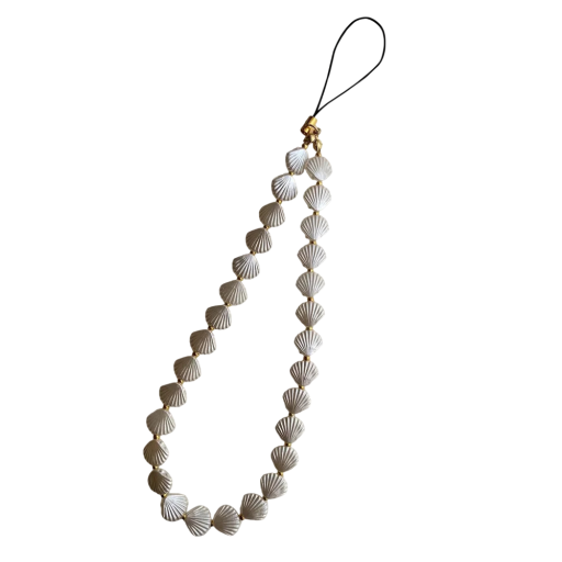 Colar de contas para telefone com conchas Penduricalho decorativo para telemóvel Corda contra perda Chaveiro para bolsa câmara Design elegante em branco