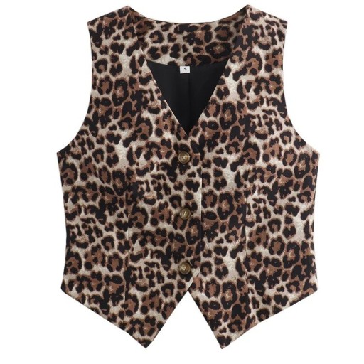 Colete de moda feminino com padrão de leopardo Decote em V Fecho de botões Colete estiloso em poliéster leve Design elegante de animal