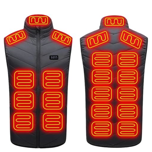 Colete elétrico aquecido USB 5V/2A Masculino preto com 21 zonas de aquecimento Fibras de carbono Ombros Pescoço Barriga Costas 3 modos À prova de água