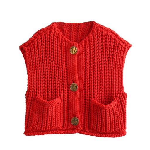Colete feminino elegante de malha com decote em V e bolsos Colete em uma só cor com fecho de botões Suéter de poliéster confortável