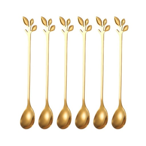 Colher de chá longa em aço inoxidável com pega decorativa em forma de folha - Colheres de sobremesa para café, chá, gelado e fruta - Talheres elegantes 6 unidades