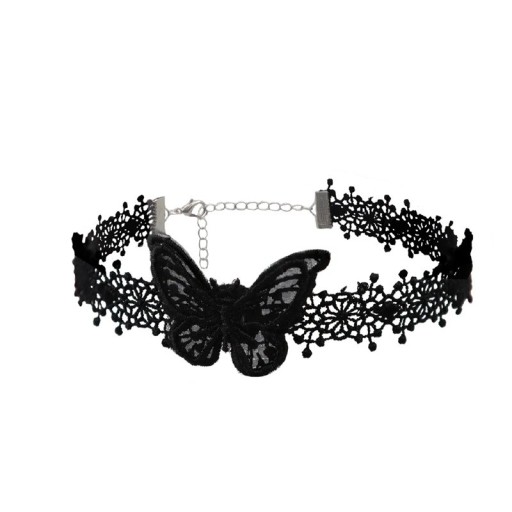 Colier choker din dantelă pentru femei cu fluture și închidere din dantelă și aliaj de zinc, accesoriu de modă negru pentru purtare zilnică
