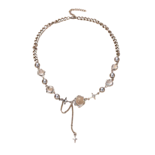 Colier choker pentru femei cu aspect argintiu, pandantiv în formă de stea cu patru colțuri și pandantive integrate cu planete cu cristale transparente