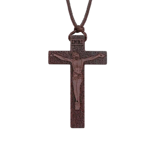 Collana ortodossa con croce motivo inciso figura lunghezza regolabile 30–65 cm legno naturale ciondolo marrone da indossare
