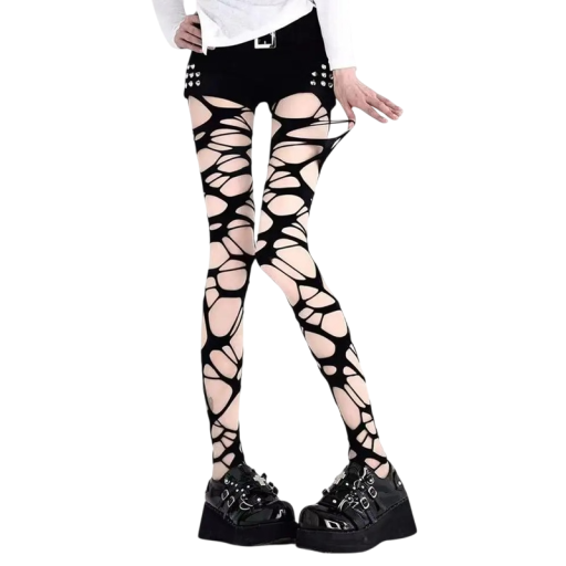 Collant Neri a Rete Strappati in Stile Punk con Fori Vita Alta Accessorio Sexy per Outfit Concerto Festa Moda Alternativa