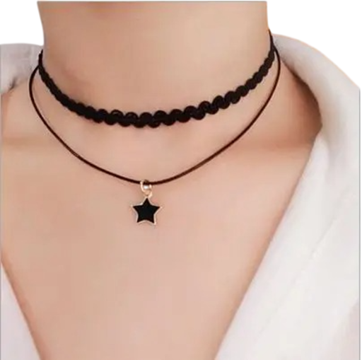 Collar choker de encaje doble para mujer con colgante de estrella, collar ajustable de acero inoxidable y aleación de zinc negro para el cuello