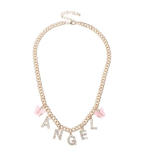 Collar de mujer con inscripción y mariposas.