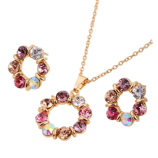 Collar dorado de 45+5 cm y set de aretes de 1,5 cm Joyas de vitral circulares Set de moda femenina 1 collar + 1 par de aretes