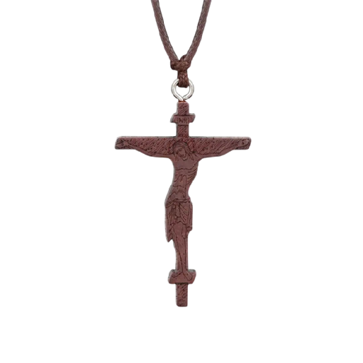 Collier orthodoxe avec croix motif sculpté longueur réglable 30–65 cm bois naturel pendentif brun pour un usage quotidien