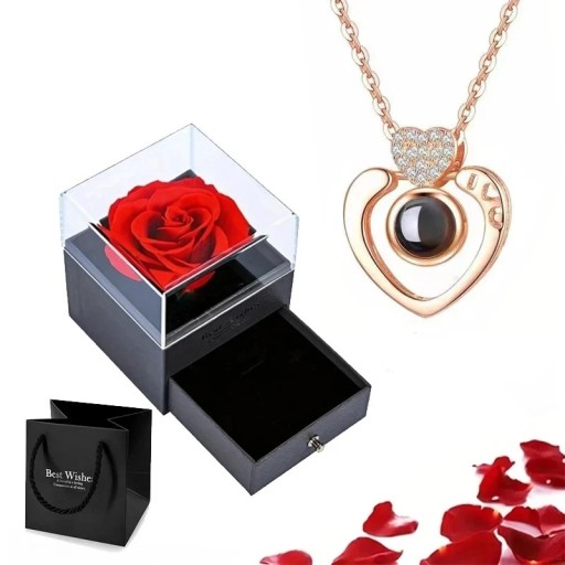 Collier projeté en forme de cœur Je t'aime en 100 langues Chaîne en titane Pendentif en cuivre Boîte cadeau avec rose Cadeau romantique