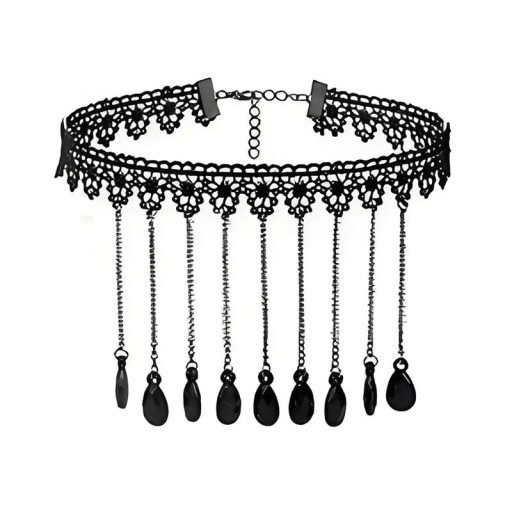 Collier ras du cou en dentelle noire pour femme avec chaînes pendantes et gouttes, fermoir 32 + 5 cm