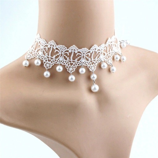 Collier ras du cou en dentelle pour femmes avec perles