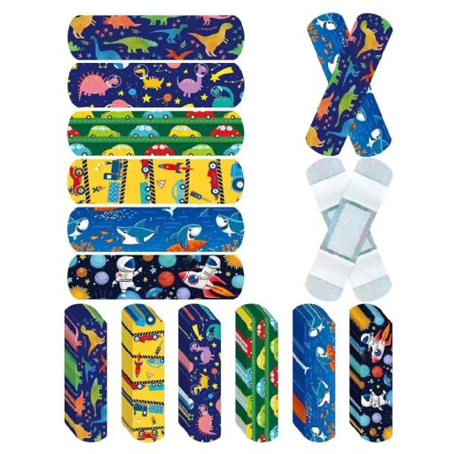 Colourful Waterproof Plasters 72 x 19 mm for Children 60 pcs Plasters with Cars, Dinosaurs, Astronauts, Sharks Adhesive Plasters for Cuts and Scrapes