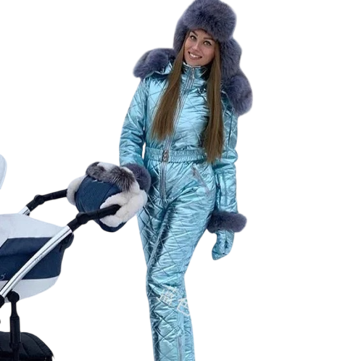 Combinaison d'hiver pour femmes unie brillante avec capuche en fourrure et pantalons longs en polyester