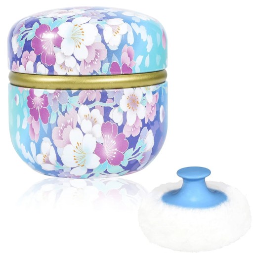 Compact Powder Case with Puff Floral Colour Design Blue Pink Round Box with Gold Element Cosmetic Container for Powder