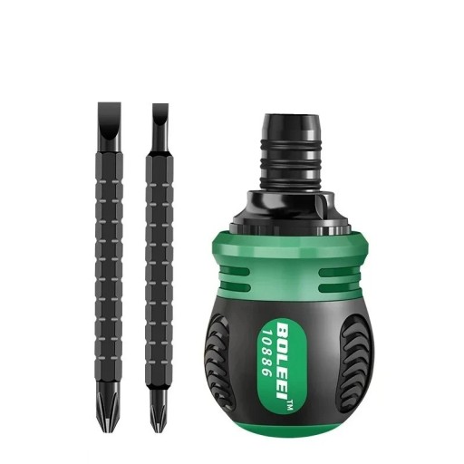 Compact Ratchet Screwdriver 4-in-1 with Telescopic Handle and Double-Sided Flat and Cross Bits for Home and Professional Use