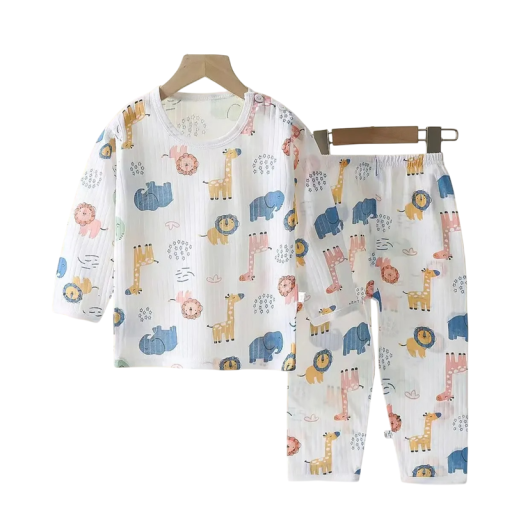 Completo bianco unisex per bambini con maglietta a maniche lunghe e pantaloni in vita elastica Stampa di animali Collo a O Set in cotone