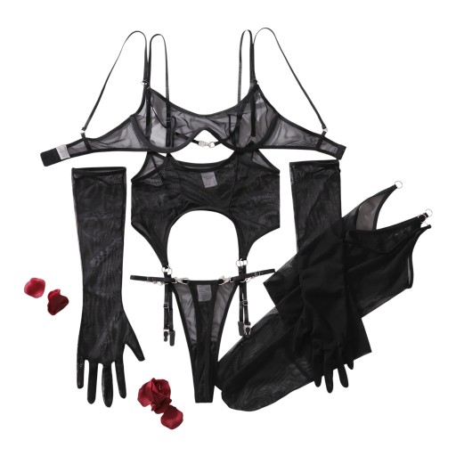 Completo di lingerie da donna in rete con reggiseno con ferretto e reggicalze con slip, completato da calze e guanti lunghi
