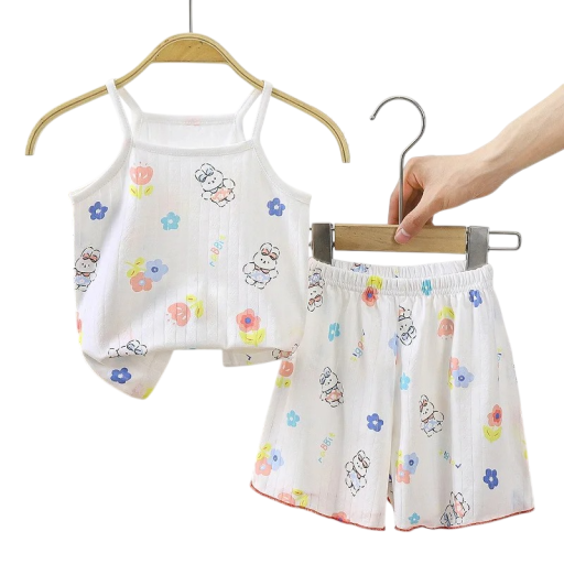 Completo estivo bianco per ragazze canotta con spalline sottili e pantaloni corti Stampa di coniglietti con fiori Scollatura a O