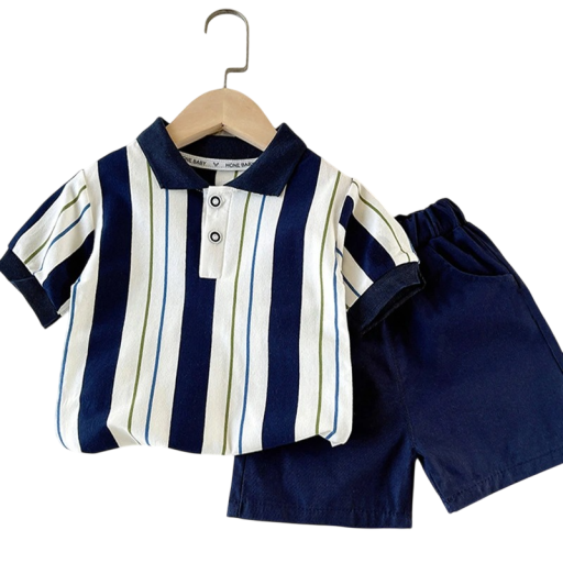 Completo estivo per ragazzi Polo a righe blu con maniche corte e pantaloni blu