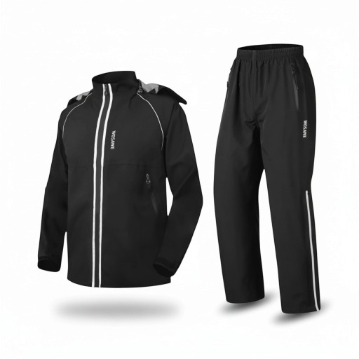 Completo impermeabile per moto Giacca con cappuccio e pantaloni Unisex Materiale PU e TPU Nero con strisce bianche Impermeabile da motociclista