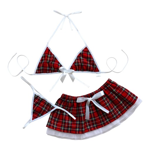 Completo intimo rosso a quadretti con reggiseno triangolare con allacciatura dietro il collo e perizoma e mini gonna con fiocchi bianchi e bordi