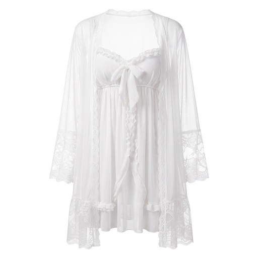 Completo pigiama da donna con camicia da notte a spalline e coperta con maniche lunghe con pizzo sui polsini e sull'orlo e fiocco sul décolleté