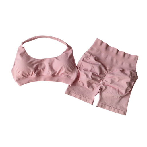 Completo sportivo da donna con pantaloni corti e reggiseno sportivo, monocolore, nylon, spandex, comodo e alla moda per fitness e allenamento