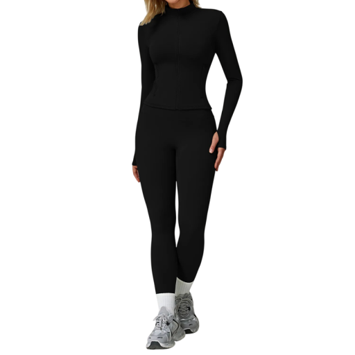 Compleu sportiv pentru femei cu hanorac cu fermoar și colanți, uni, nylon, spandex, confortabil și stilat, ideal pentru fitness și timp liber