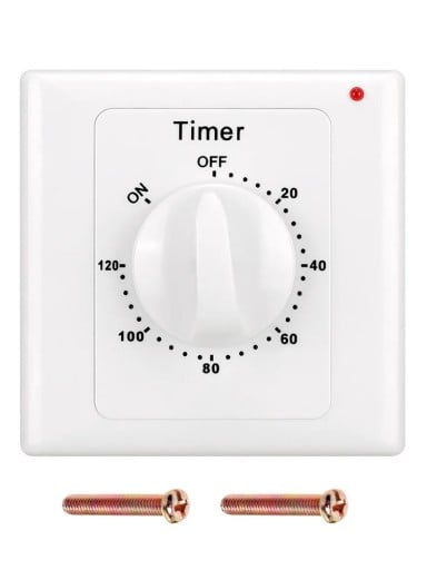 Comutator mecanic de perete cu temporizator 220V 10A 2000W, temporizator 120 minute, comutator pentru pompe, lumini și aparate, 86 x 86 x 50 mm, alb