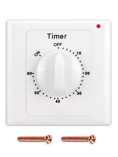 Comutator mecanic de perete cu temporizator 220V 10A 2000W, temporizator 60 minute, comutator pentru pompe, lumini și aparate, 86 x 86 x 50 mm, alb