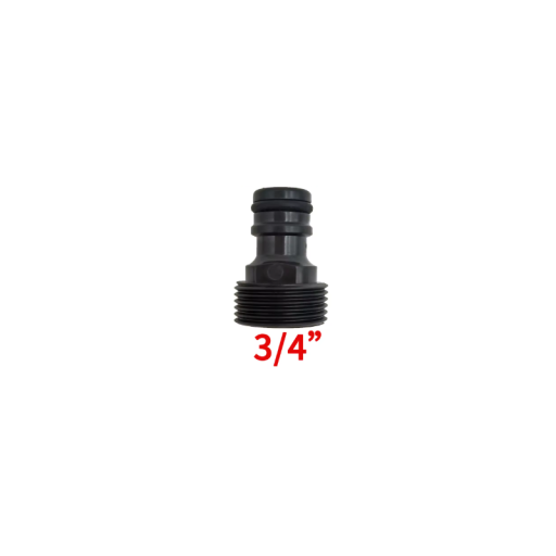 Conector rápido de plástico macho roscado EURO de 3/4 de pulgada para mangueras de jardín y riego.