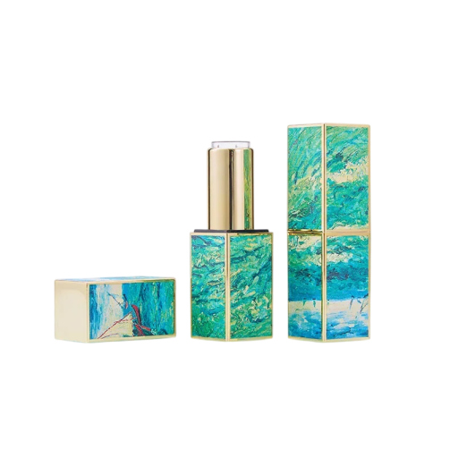 Confezione vuota per rossetto con chiusura magnetica 21×76 mm in plastica blu-verde con motivo marino e veliero per uso cosmetico