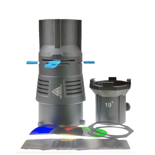 Conical Photography Tube with Interchangeable Lens 19 Degrees Focusing with Pattern Templates and Coloured Filters Bowens Mount 25.5 x 10.7 cm Black