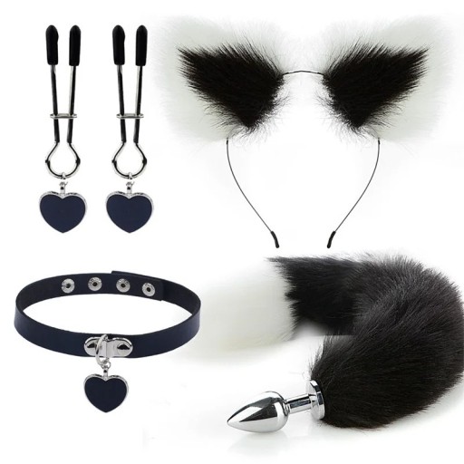 Conjunto 4 en 1: diadema con orejas bicolor, collar de corazón, pinzas para pezones, tapón anal metálico con cola bicolor y embalaje discreto.