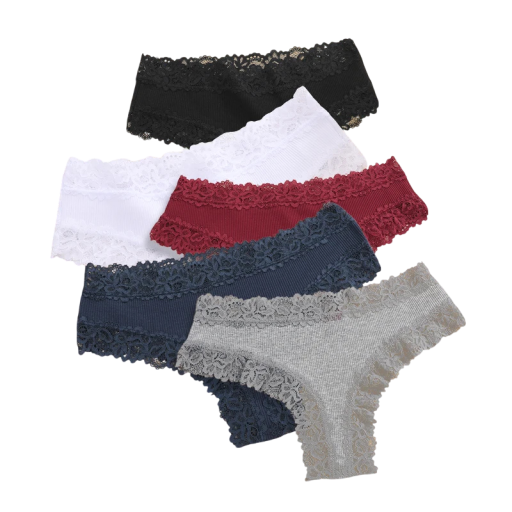 Conjunto 5 unidades de cuecas brasileiras femininas em malha canelada com renda decorativa roupa interior respirável várias cores