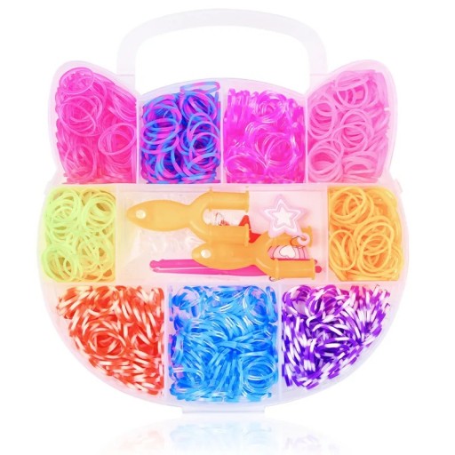 Conjunto criativo para fabricação de joias 600 peças Embalagem em forma de gato Elásticos coloridos Borracha e plástico Com acessórios para pulseiras, colares e enfeites