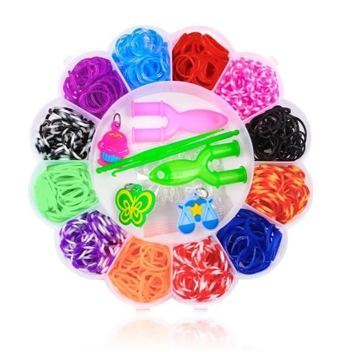 Conjunto criativo para fazer bijuterias 600 unidades Embalagem em forma de flor Elásticos coloridos Borracha e plástico Com acessórios para pulseiras, colares e enfeites