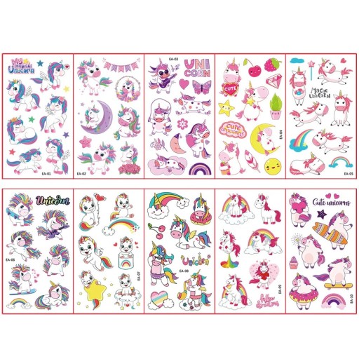 Conjunto de 10 folhas de tatuagens temporárias 12 x 7 cm com adoráveis unicórnios, arco-íris e estrelas, autocolantes de tatuagem coloridos para crianças