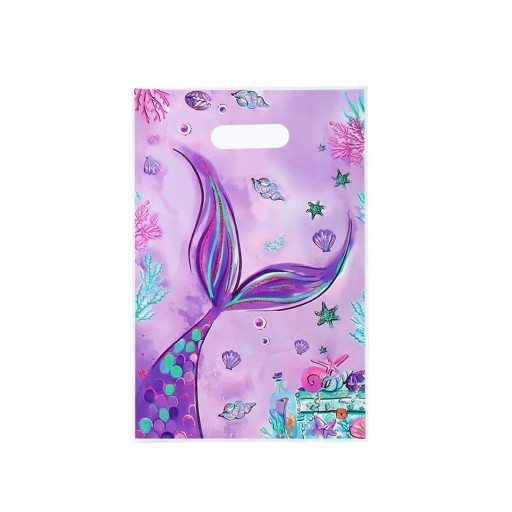 Conjunto de 10 sacos de presente 16,5 × 25 cm, sacos roxos com sereia, conchas e motivos subaquáticos
