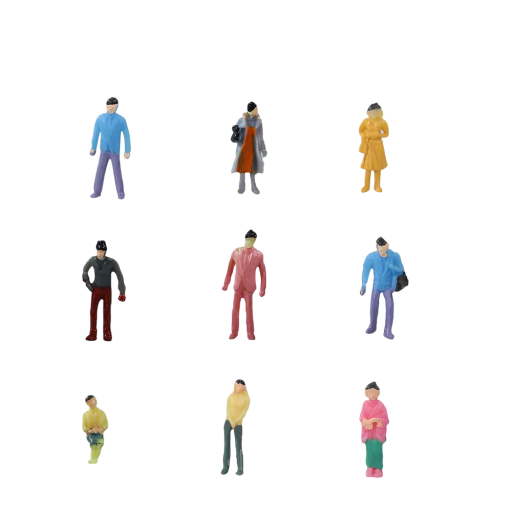 Conjunto de 100 figuras plásticas 1:100 Altura 14–19 mm Figuras mini pintadas Homens e mulheres Várias poses para diorama