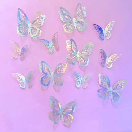 Conjunto de 12 unidades de borboletas coloridas para bolo Decorações artificiais Efeito brilhante 3 tamanhos Decorações para aniversários e festas