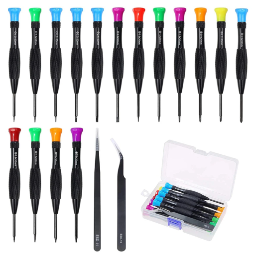 Conjunto de 16 chaves de fenda e 2 pinças para reparações de eletrónica, óculos e relógios Aço cromo-vanádio Cabos ergonómicos PP-TPR