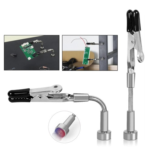 Conjunto de 2 braços flexíveis magnéticos com garras de crocodilo Suportes para PCB e trabalhos eléctricos Comprimento 105 mm Bases magnéticas fortes