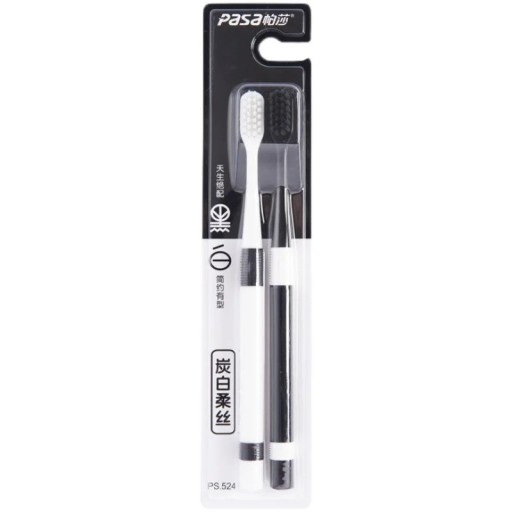 Conjunto de 2 escovas de dentes de bambu 19 cm com carvão ativado Preto e Branco Cerdas suaves e macias Escovas ecológicas para casais e adultos