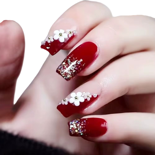 Conjunto de 24 unhas acrílicas em forma Coffin de comprimento médio Unhas artificiais adesivas com flores brilhantes