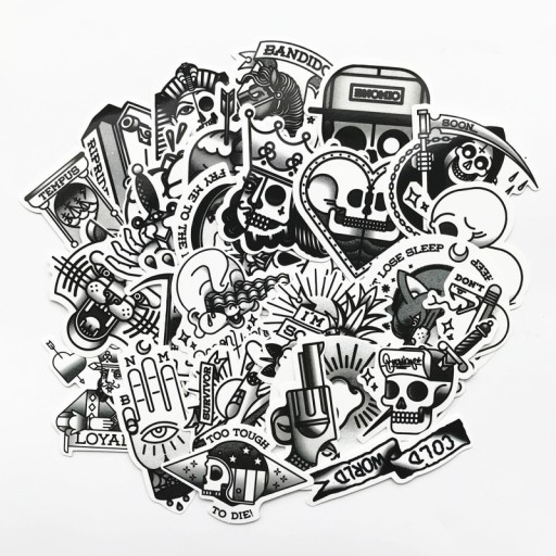Conjunto de 29 autocolantes em preto e branco em PVC para decorar objetos Motivos no estilo de tatuagens clássicas Recortados à medida Tamanho